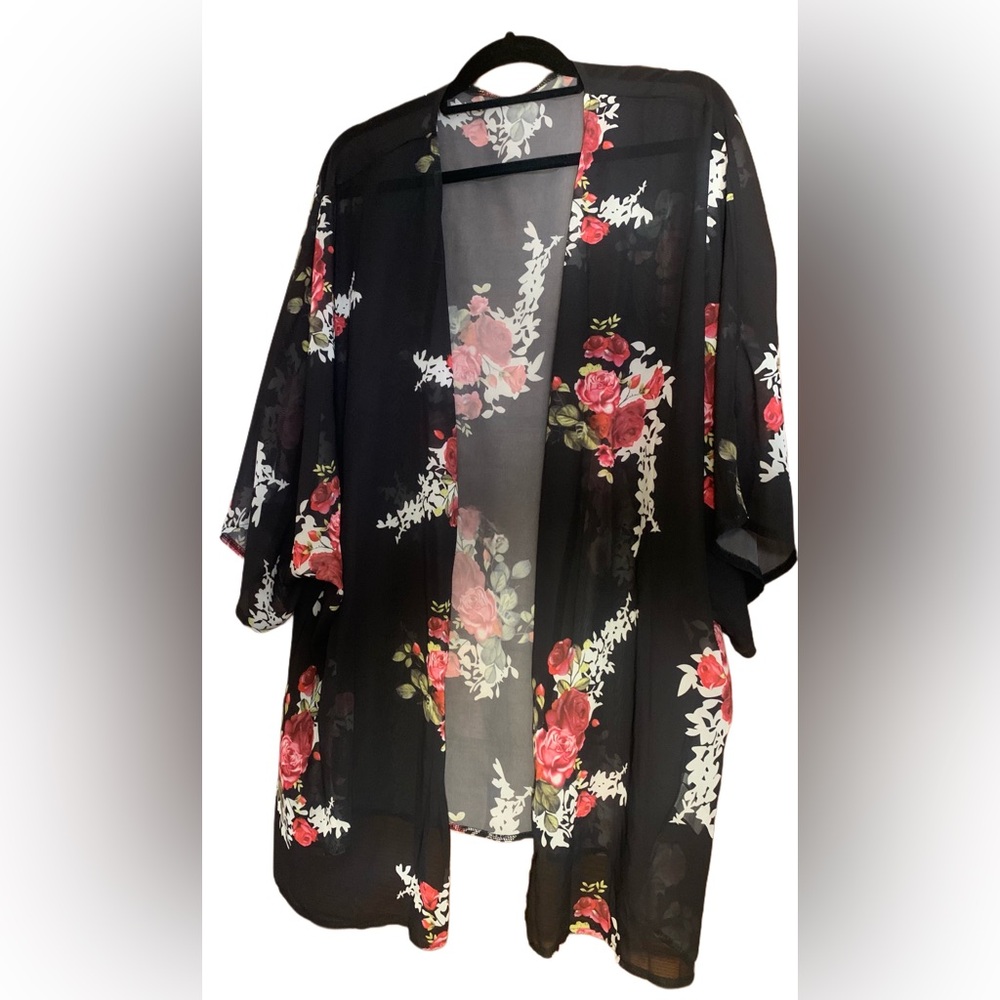 Relipop Womens Sheer Chiffon Loose Kimono Red & Black Floral Print Plus Size 3X